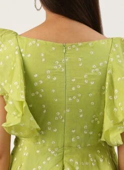 Green Blended Cotton Foil Printed Ruffled Dress After Six Wear -ZariGrace Shop Green Blended Cotton Foil Printed Ruffled Dress DRBS02205991 rrc2