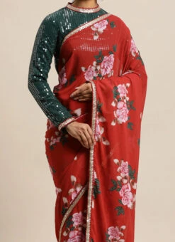 Green Blouse N Rust Digital Printed Saree Festive Wear