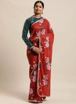 Green Blouse N Rust Digital Printed Saree Festive Wear -ZariGrace Shop Green Blouse N Rust Digital Printed Saree SABS02104314 u