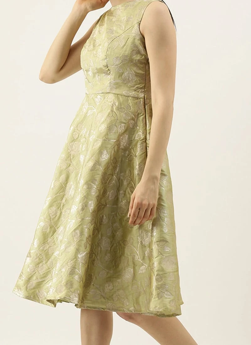 Green Brocade Boat Neck Flared Dress Wedding Wear 3 Green Brocade Boat Neck Flared Dress Wedding Wear