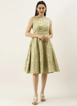 Green Brocade Boat Neck Flared Dress Wedding Wear 12 Green Brocade Boat Neck Flared Dress Wedding Wear -ZariGrace Shop Green Brocade Boat Neck Flared Dress DRBS02105388 u