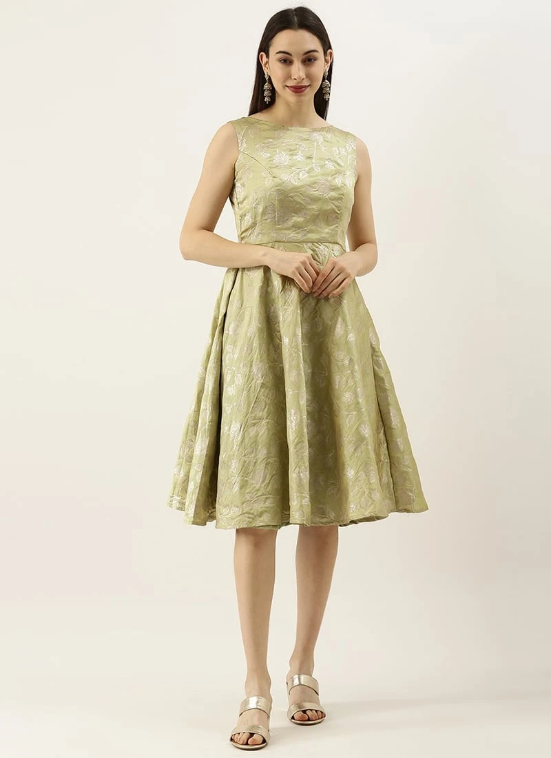 Green Brocade Boat Neck Flared Dress Wedding Wear 5 Green Brocade Boat Neck Flared Dress Wedding Wear - Image 3