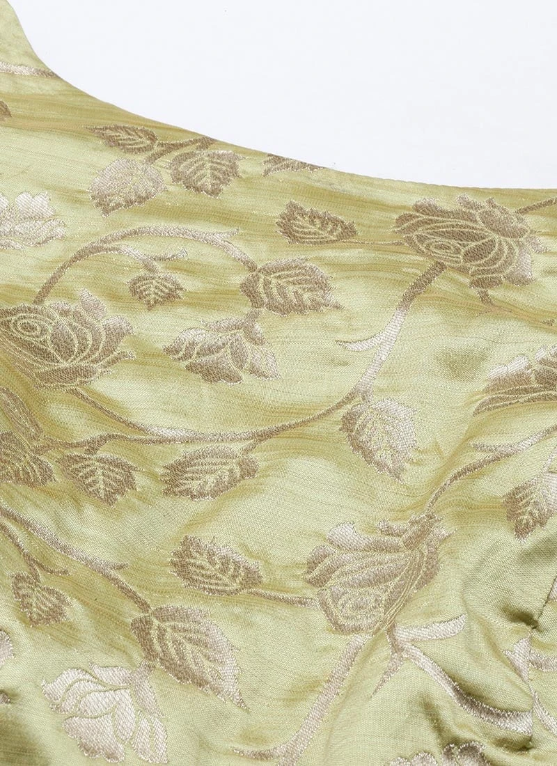 Green Brocade Boat Neck Flared Dress Wedding Wear 7 Green Brocade Boat Neck Flared Dress Wedding Wear - Image 5