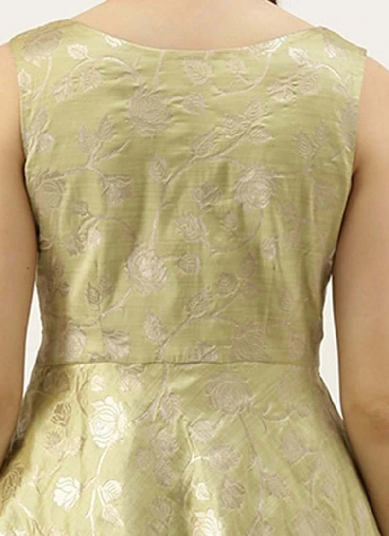 Green Brocade Boat Neck Flared Dress Wedding Wear 8 Green Brocade Boat Neck Flared Dress Wedding Wear - Image 6