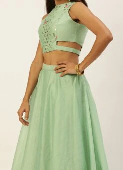 Green Chanderi Cotton Lehenga Set Festive Wear