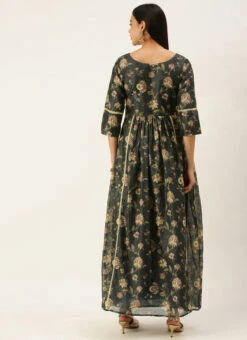 Green Chanderi Printed Floral Maxi Dress Festive Wear -ZariGrace Shop Green Chanderi Printed Floral Maxi Dress DRBS02111084 b