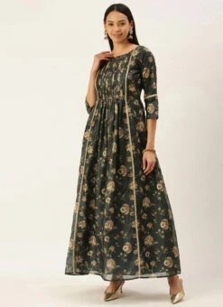 Green Chanderi Printed Floral Maxi Dress Festive Wear -ZariGrace Shop Green Chanderi Printed Floral Maxi Dress DRBS02111084 u