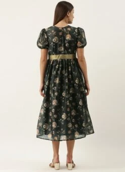 Green Chanderi Silk Puff Sleeve Dress After Six Wear -ZariGrace Shop Green Chanderi Silk Puff Sleeve Dress DRBS02201263 b