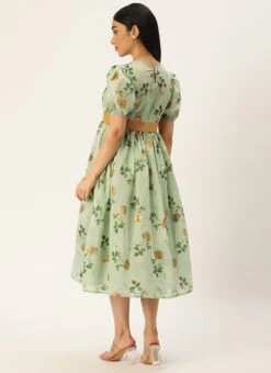 Green Chanderi Silk Puff Sleeve Dress Festive Wear -ZariGrace Shop Green Chanderi Silk Puff Sleeve Dress DRBS02303880 b