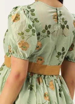 Green Chanderi Silk Puff Sleeve Dress Festive Wear -ZariGrace Shop Green Chanderi Silk Puff Sleeve Dress DRBS02303880 rrc2