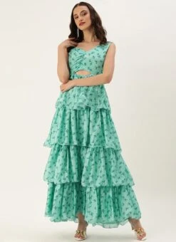 Green Chinon Digital Printed Layered Gown Party Wear -ZariGrace Shop Green Chinon Digital Printed Layered Gown IWBS02307659 u