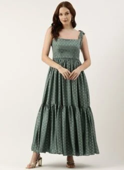 Green Chinon Foil Printed Maxi Dress Festive Wear -ZariGrace Shop Green Chinon Foil Printed Maxi Dress DRBS02212617 u
