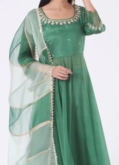 Green Chinon Silk Mirror Work Anarkali Suit Wedding Wear