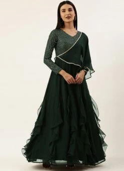 Green Embroidered Georgette Kali Flared Gown Party Wear -ZariGrace Shop Green Embroidered Georgette Kali Flared Gown IWBS02208519 u