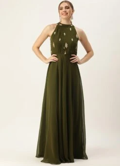Green Embroidered Halter Neck Gown Festive Wear -ZariGrace Shop Green Embroidered Halter Neck Gown IWBS02305137 u