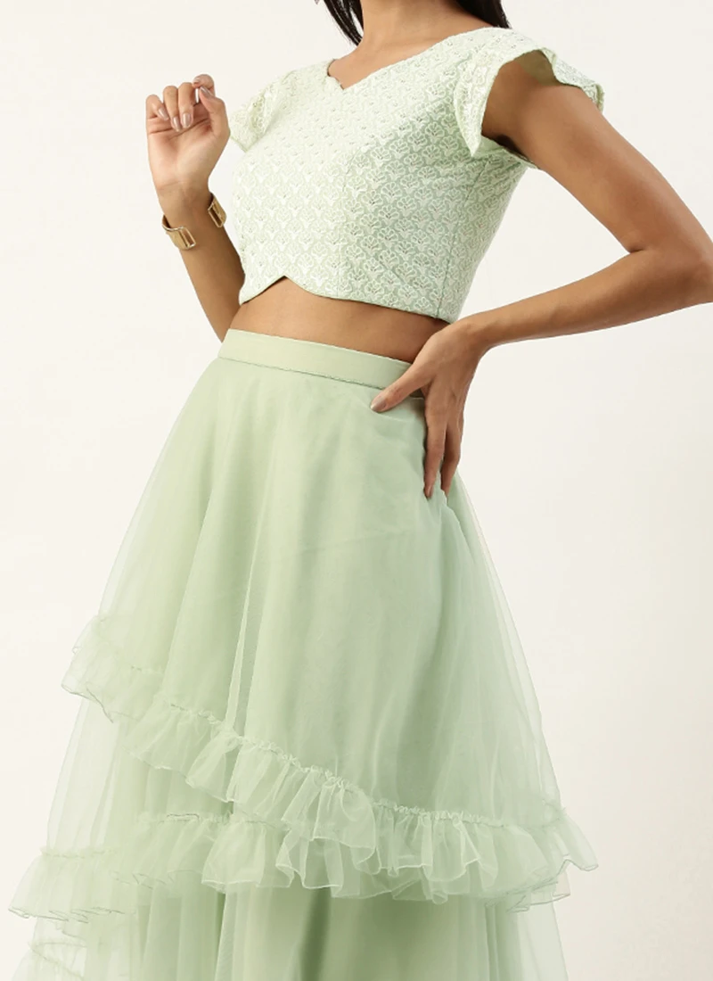 Green Embroidered N Net Asymmetrical Lehenga Set Party Wear 3 Green Embroidered N Net Asymmetrical Lehenga Set Party Wear
