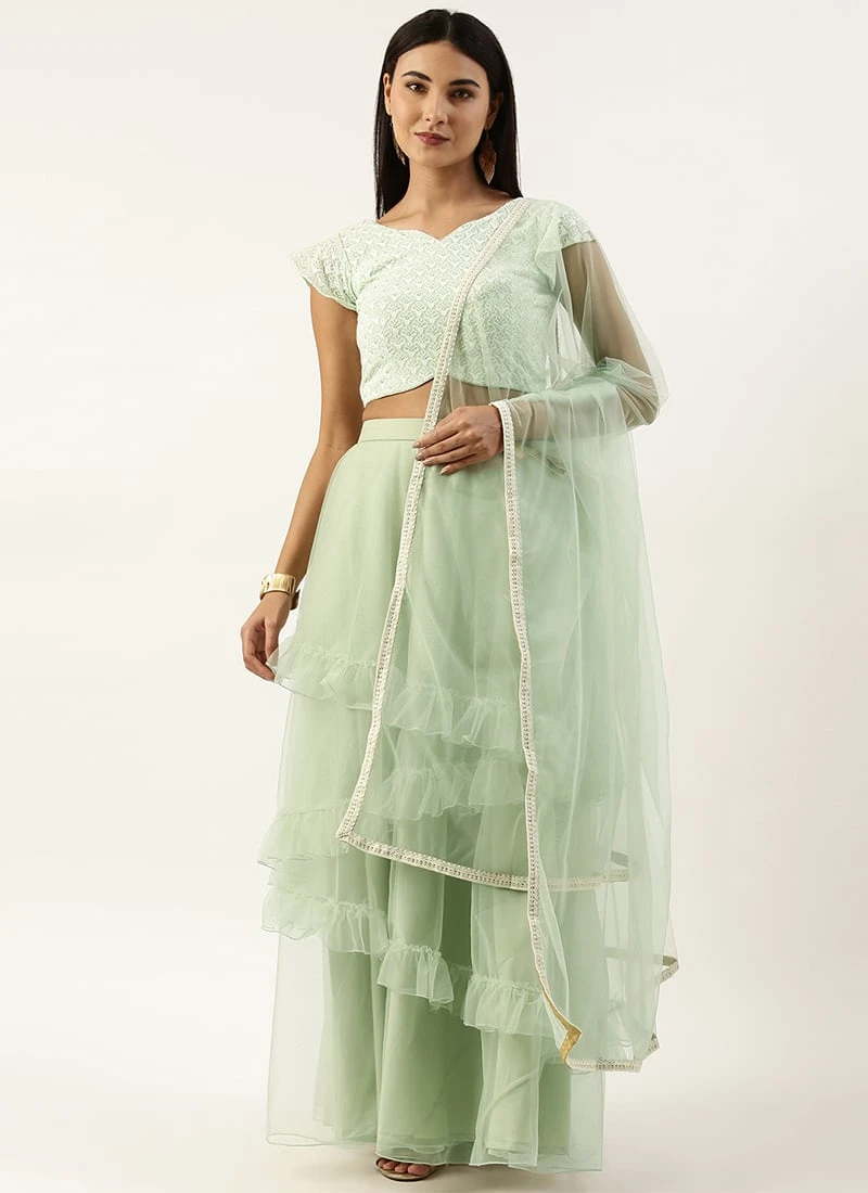 Green Embroidered N Net Asymmetrical Lehenga Set Party Wear 5 Green Embroidered N Net Asymmetrical Lehenga Set Party Wear - Image 3