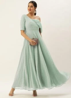 Green Embroidered One Shoulder Style Gown Party Wear -ZariGrace Shop Green Embroidered One Shoulder Style Gown IWBS02305134 u