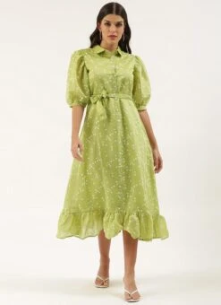 Green Foil Printed Shirt Dress After Six Wear -ZariGrace Shop Green Foil Printed Shirt Dress DRBS02205849 u
