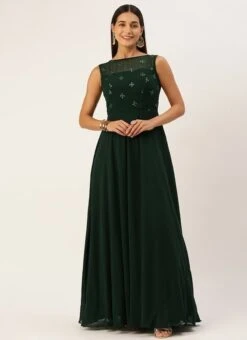 Green Georgette Embroidered Boat Neck Gown Party Wear -ZariGrace Shop Green Georgette Embroidered Boat Neck Gown IWBS02301685 u