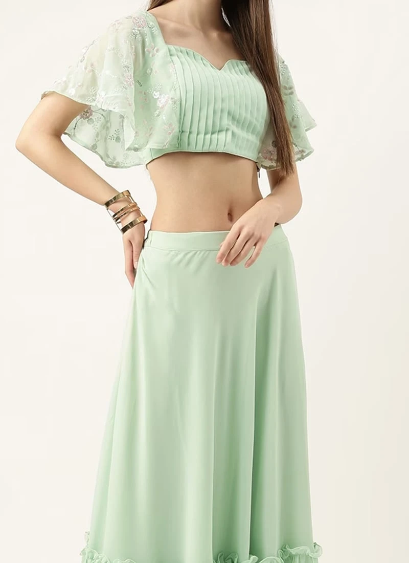 Skirt From Green Georgette Embroidered Crop Top Skirt Set After Six Wear 3 Skirt From Green Georgette Embroidered Crop Top Skirt Set After Six Wear