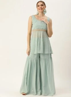 Bottom From Green Georgette Embroidered Gharara Set After Six Wear -ZariGrace Shop Green Georgette Embroidered Gharara Set KSBS02303647 u 1