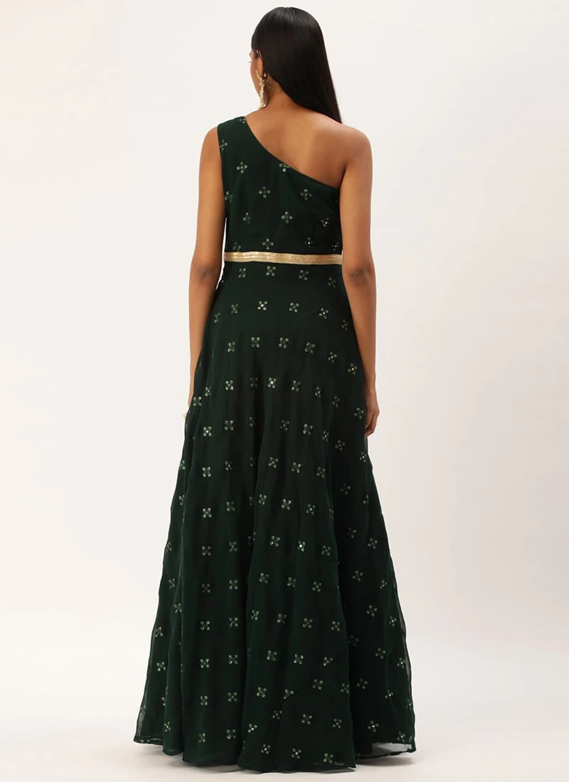 Green Georgette Embroidered Gown Festive Wear 6 Green Georgette Embroidered Gown Festive Wear - Image 4