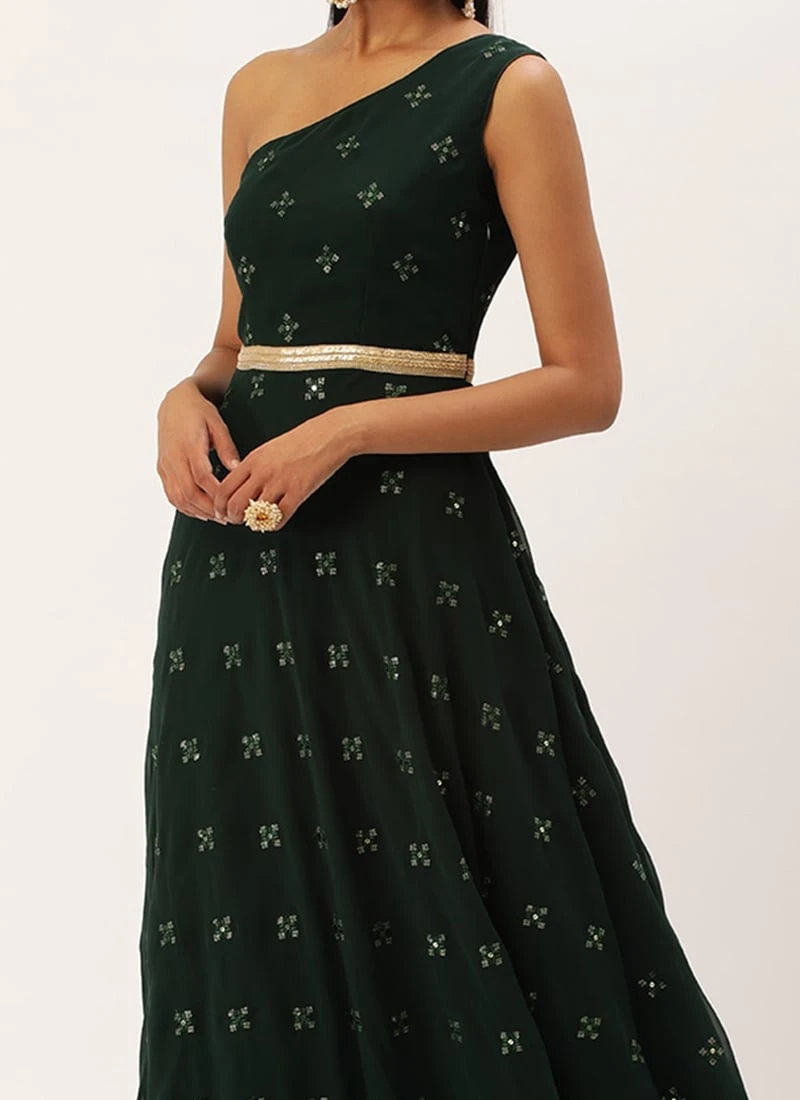 Green Georgette Embroidered Gown Festive Wear 3 Green Georgette Embroidered Gown Festive Wear