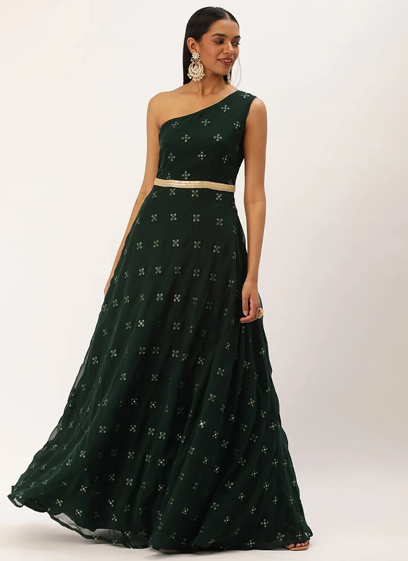 Green Georgette Embroidered Gown Festive Wear 5 Green Georgette Embroidered Gown Festive Wear - Image 3