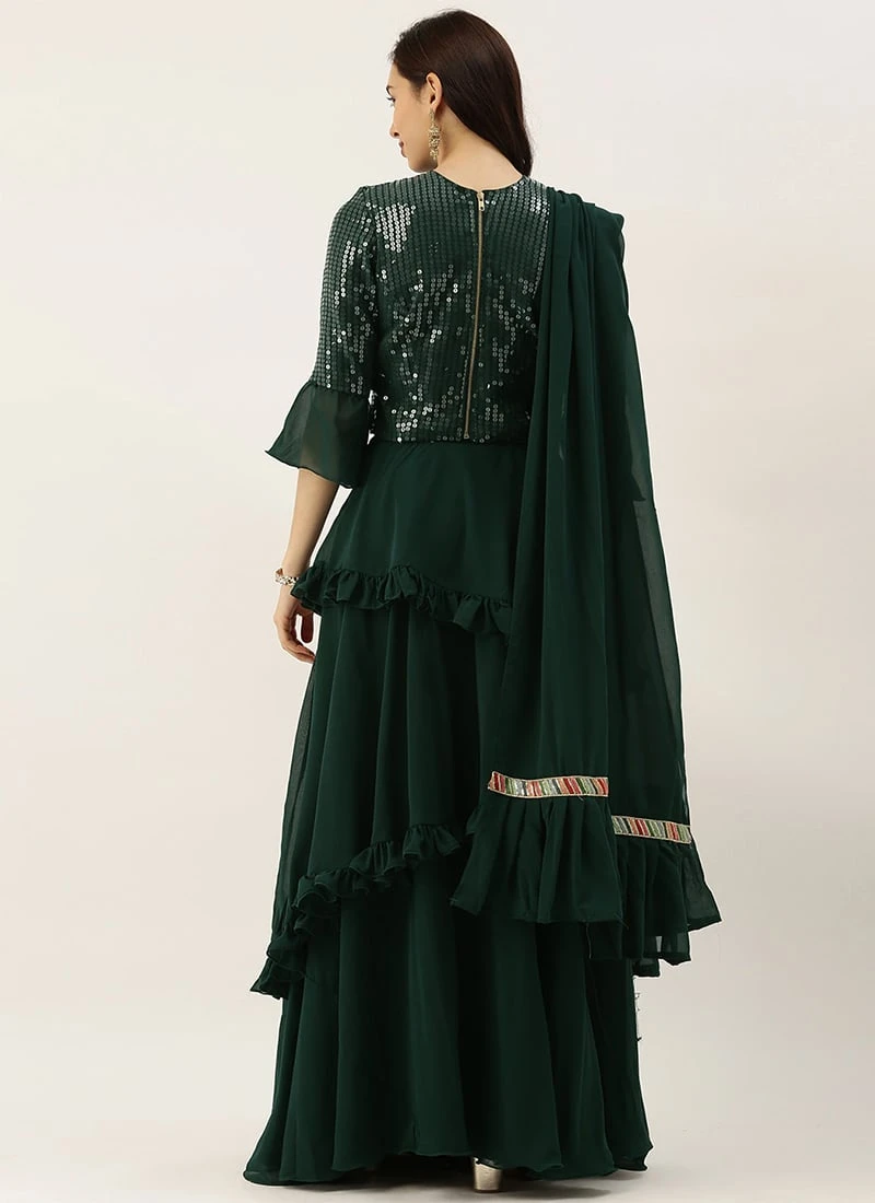 Green Georgette Embroidered Layered Lehenga Wedding Wear 6 Green Georgette Embroidered Layered Lehenga Wedding Wear - Image 4