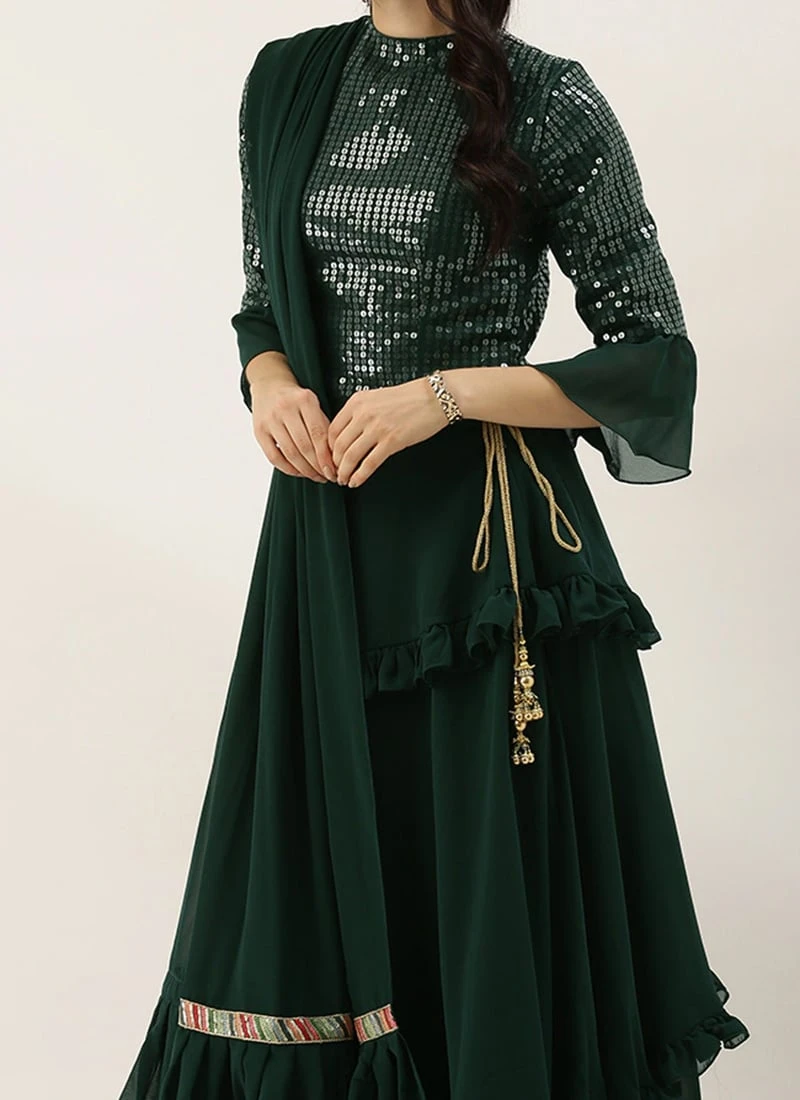 Green Georgette Embroidered Layered Lehenga Wedding Wear 3 Green Georgette Embroidered Layered Lehenga Wedding Wear