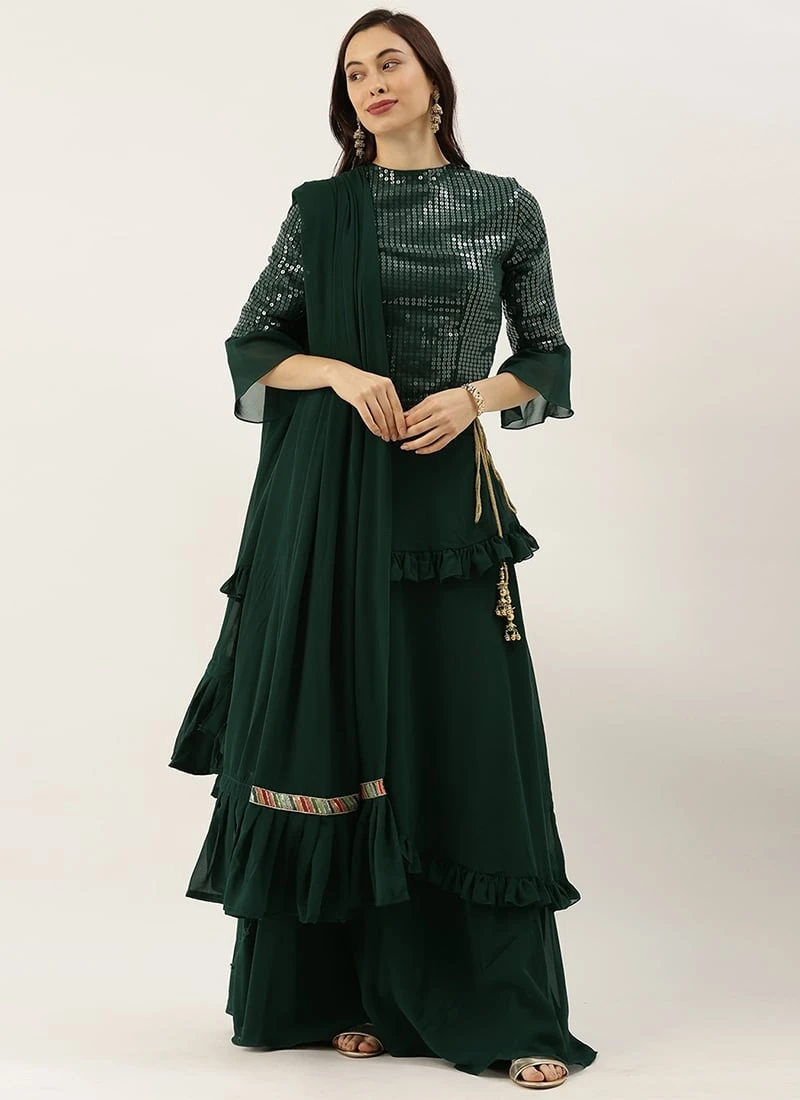 Green Georgette Embroidered Layered Lehenga Wedding Wear 5 Green Georgette Embroidered Layered Lehenga Wedding Wear - Image 3