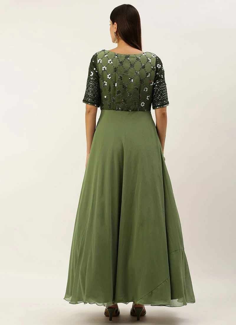 Green Georgette Sequins Embroidery Gown Festive Wear 6 Green Georgette Sequins Embroidery Gown Festive Wear - Image 4