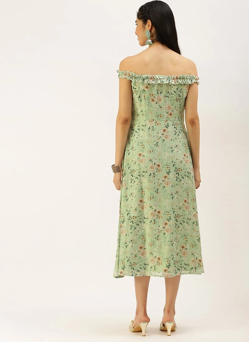 Green Muslin Off Shoulder Dress Festive Wear 6 Green Muslin Off Shoulder Dress Festive Wear - Image 4