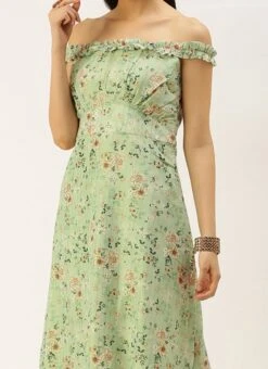 Green Muslin Off Shoulder Dress Festive Wear
