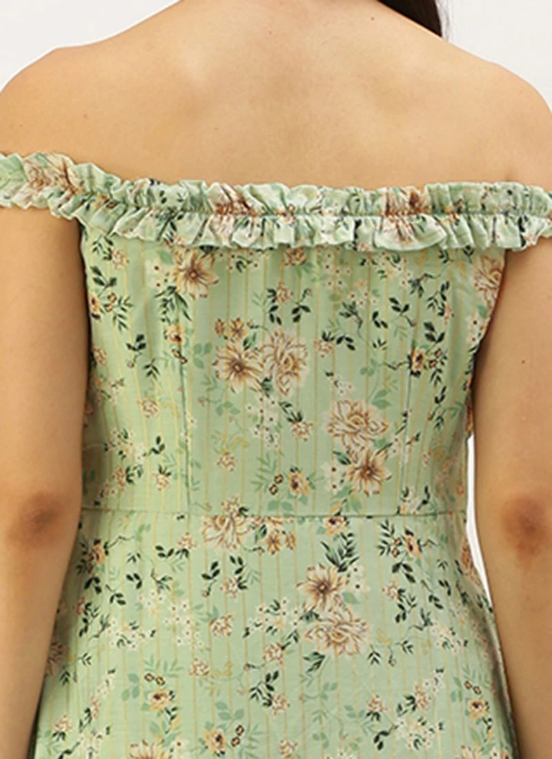 Green Muslin Off Shoulder Dress Festive Wear 8 Green Muslin Off Shoulder Dress Festive Wear - Image 6
