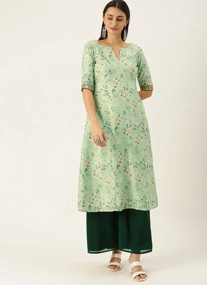 Green Muslin Printed Calf Length Kurta Set After Six Wear 5 Green Muslin Printed Calf Length Kurta Set After Six Wear - Image 3