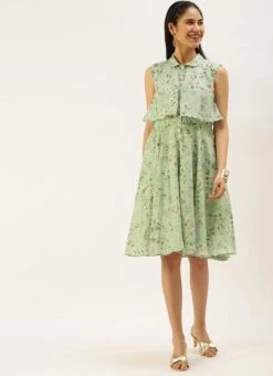 Green Muslin Printed Mini Dress Party Wear 12 Green Muslin Printed Mini Dress Party Wear -ZariGrace Shop Green Muslin Printed Mini Dress DRBS02208445 u