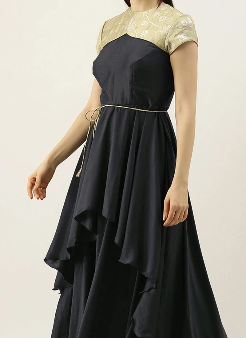 Green N Dark Grey Layered Floor Length Gown Party Wear 3 Green N Dark Grey Layered Floor Length Gown Party Wear