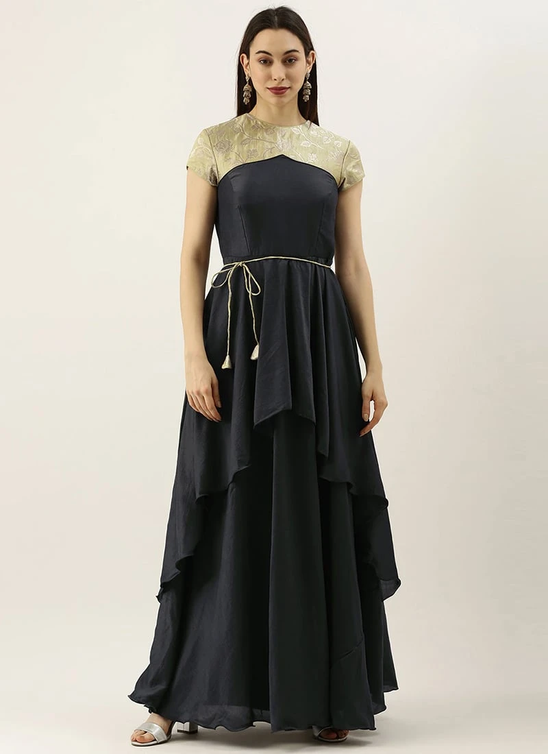 Green N Dark Grey Layered Floor Length Gown Party Wear 5 Green N Dark Grey Layered Floor Length Gown Party Wear - Image 3