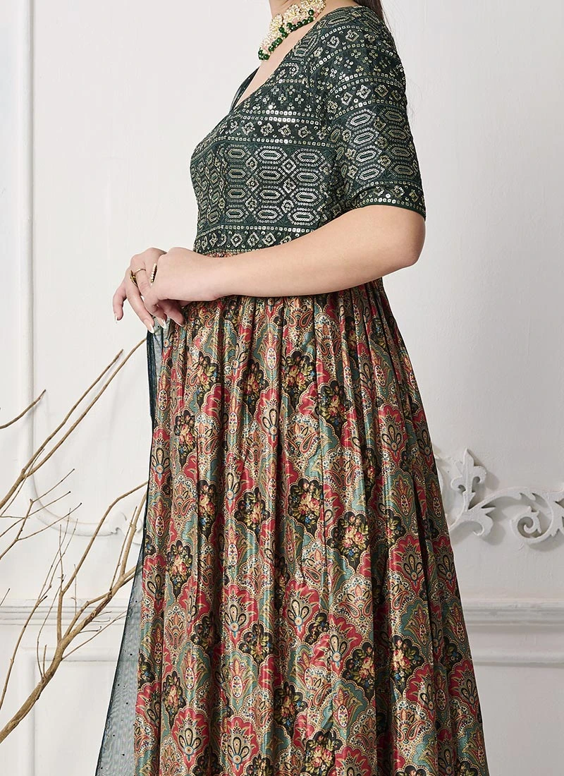 Green N Multicolored Chinon Salwar Set Wedding Wear 3 Green N Multicolored Chinon Salwar Set Wedding Wear