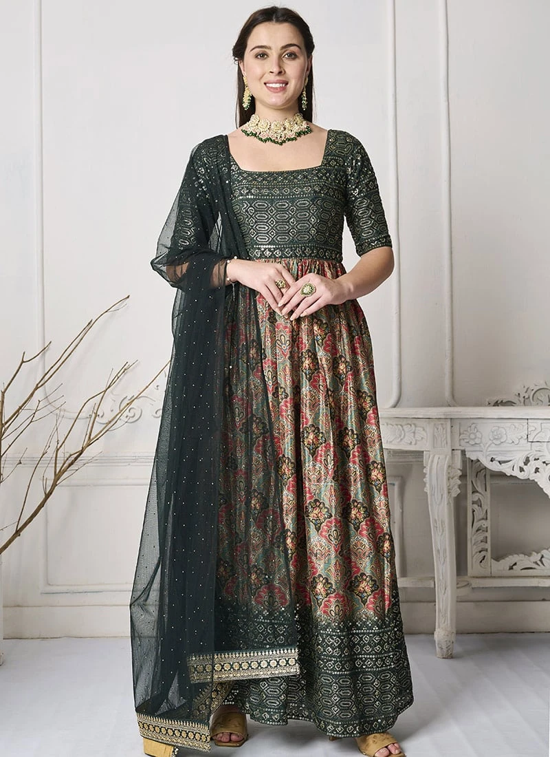 Green N Multicolored Chinon Salwar Set Wedding Wear 5 Green N Multicolored Chinon Salwar Set Wedding Wear - Image 3
