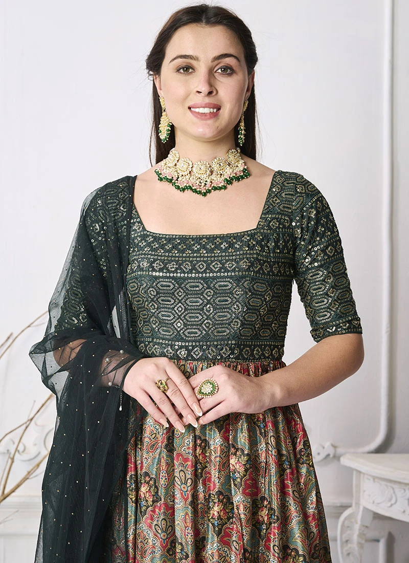 Green N Multicolored Chinon Salwar Set Wedding Wear 7 Green N Multicolored Chinon Salwar Set Wedding Wear - Image 5