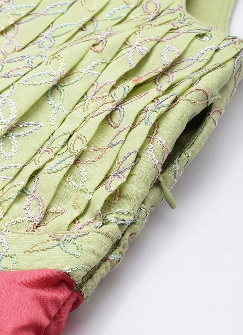 Green N Pink Cotton Sequins Embroidery Maxi Dress Festive Wear 9 Green N Pink Cotton Sequins Embroidery Maxi Dress Festive Wear - Image 7