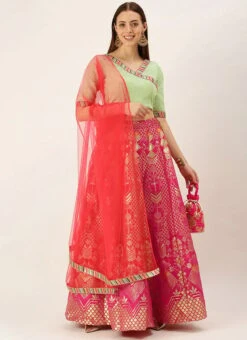 Green N Pink Jacquard Taffeta Fabric Kali Lehenga Festive Wear -ZariGrace Shop Green N Pink Jacquard Taffeta Fabric Kali Lehenga GHBS02109732 u