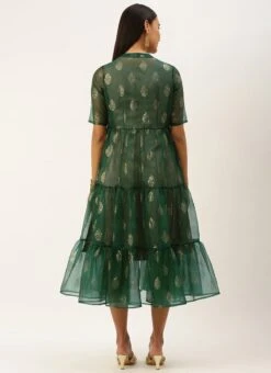 Green Organza Foil Printed Jacket Style Dress Festive Wear -ZariGrace Shop Green Organza Foil Printed Jacket Style Dress DRBS02209702 b