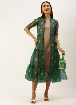 Green Organza Foil Printed Jacket Style Dress Festive Wear -ZariGrace Shop Green Organza Foil Printed Jacket Style Dress DRBS02209702 u
