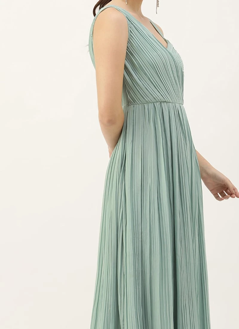 Green Pleated Georgette Gown N Embroidered Jacket Party Wear 3 Green Pleated Georgette Gown N Embroidered Jacket Party Wear