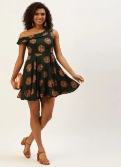 Green Printed One Shoulder Dress After Six Wear -ZariGrace Shop Green Printed One Shoulder Dress DRBS02205962 u