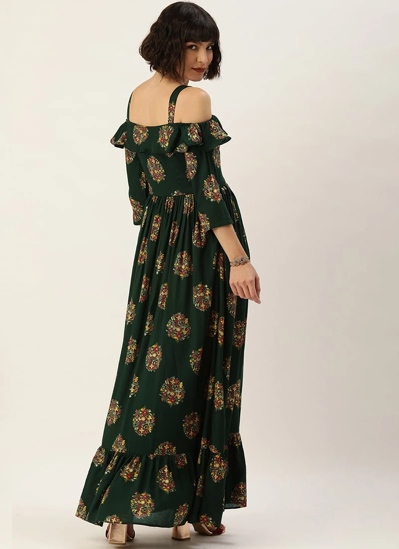 Green Rayon Printed Strap Neckline Dress After Six Wear 6 Green Rayon Printed Strap Neckline Dress After Six Wear - Image 4